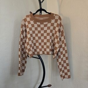 Brown and Tan Checkered Cropped Sweater